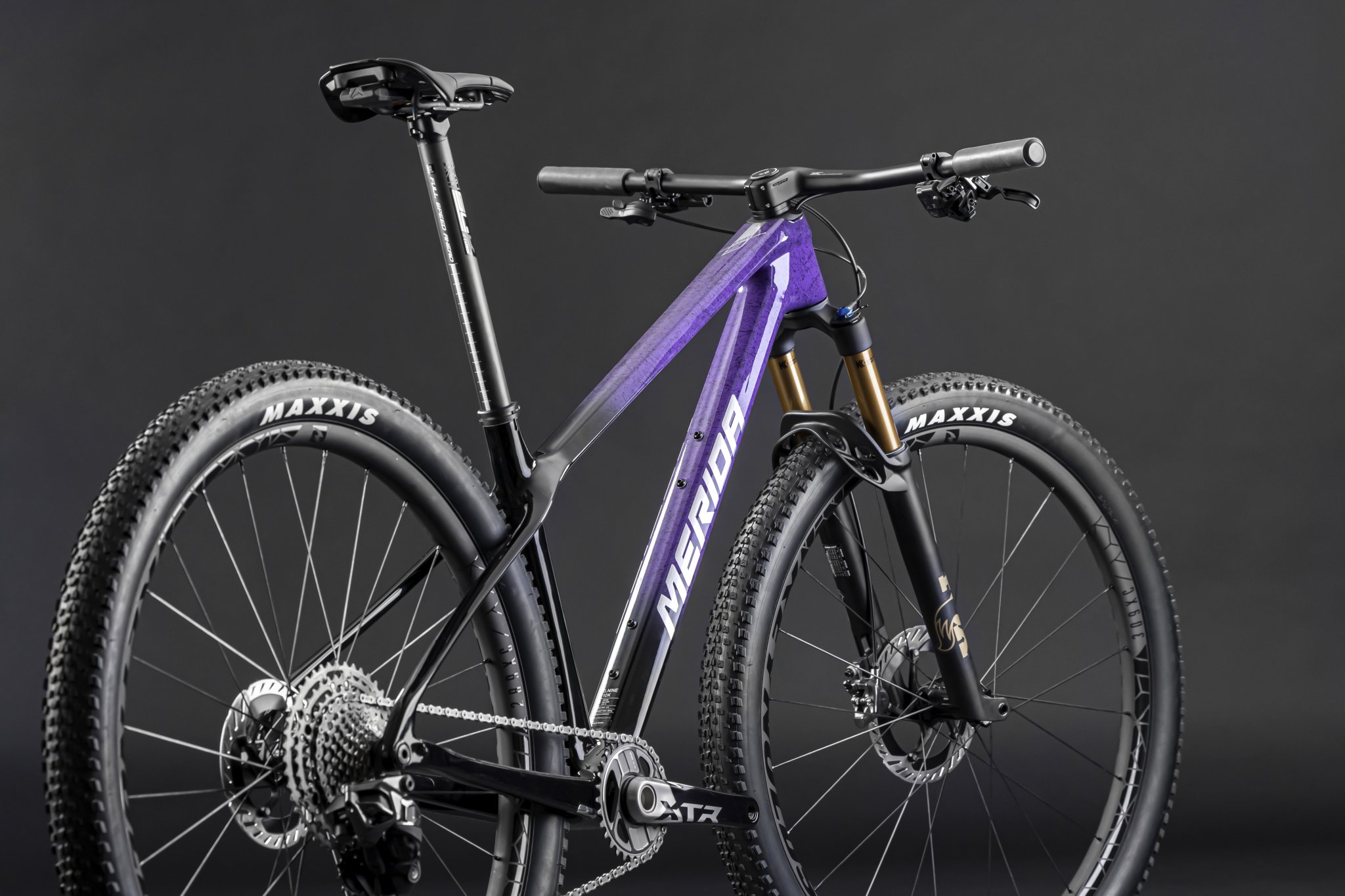 Aanzicht zijkant achter nieuwe big nine 10k kleurverloop frame bij voorvork paars en achterbrug zwart